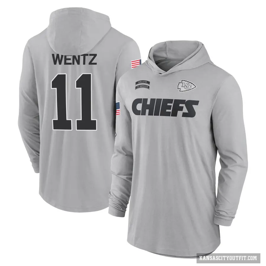 Youth ＃11 Carson Wentz Kansas City Chiefs Gray 2024 Salute to Service Lightweight Performance Long Sleeve Hooded T-Shirt