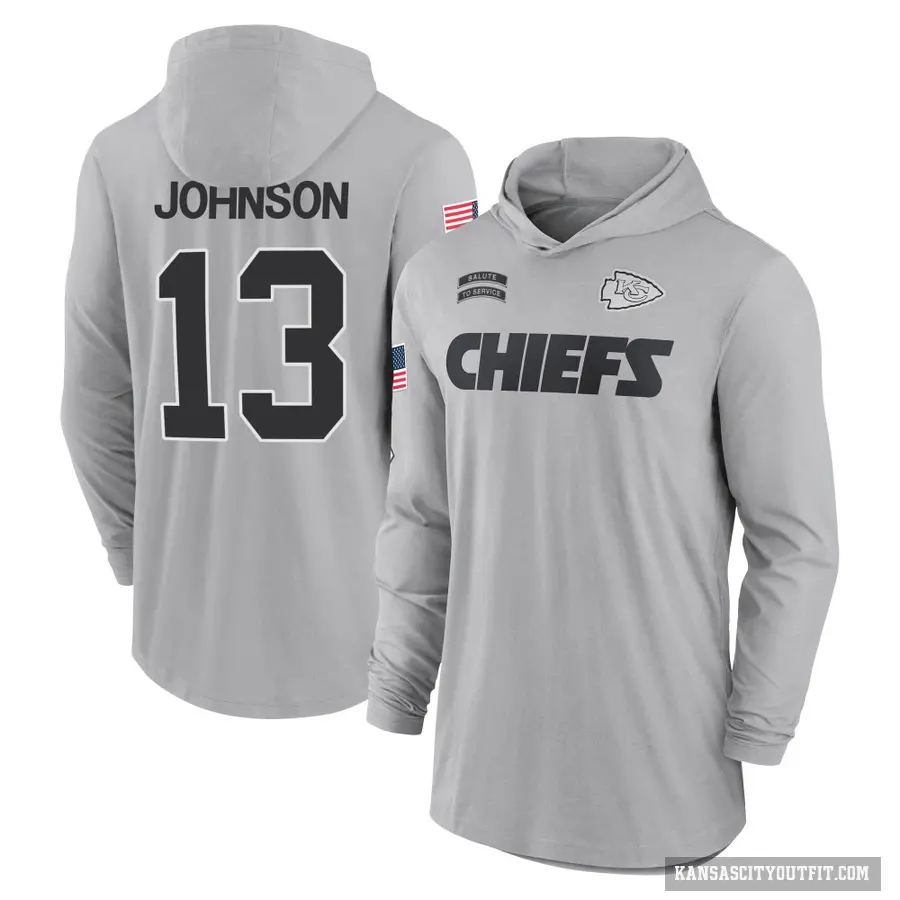 Youth ＃13 Nazeeh Johnson Kansas City Chiefs Gray 2024 Salute to Service Lightweight Performance Long Sleeve Hooded T-Shirt