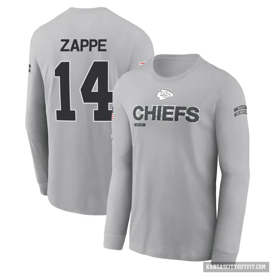 Youth ＃14 Bailey Zappe Kansas City Chiefs Gray 2024 Salute to Service Long Sleeve T-Shirt