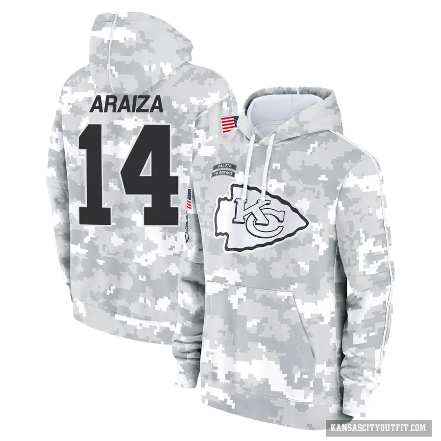 Youth ＃14 Matt Araiza Kansas City Chiefs Arctic Camo 2024 Salute to Service Club Fleece Pullover Hoodie