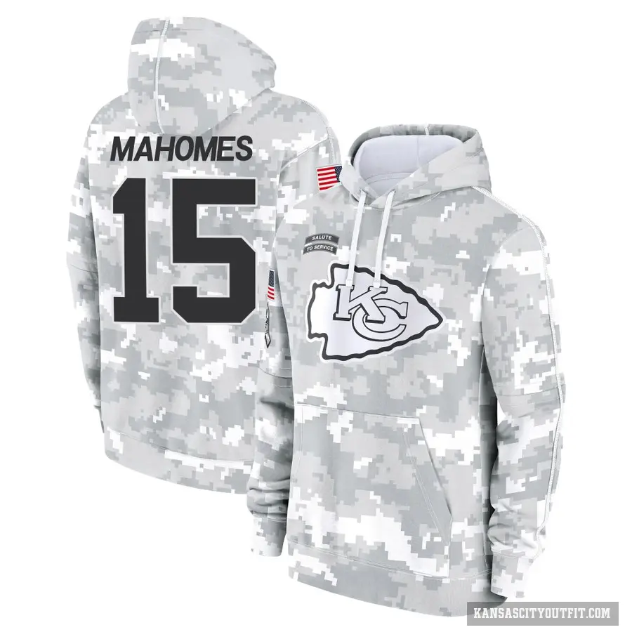 Youth ＃15 Patrick Mahomes Kansas City Chiefs Arctic Camo 2024 Salute to Service Club Fleece Pullover Hoodie