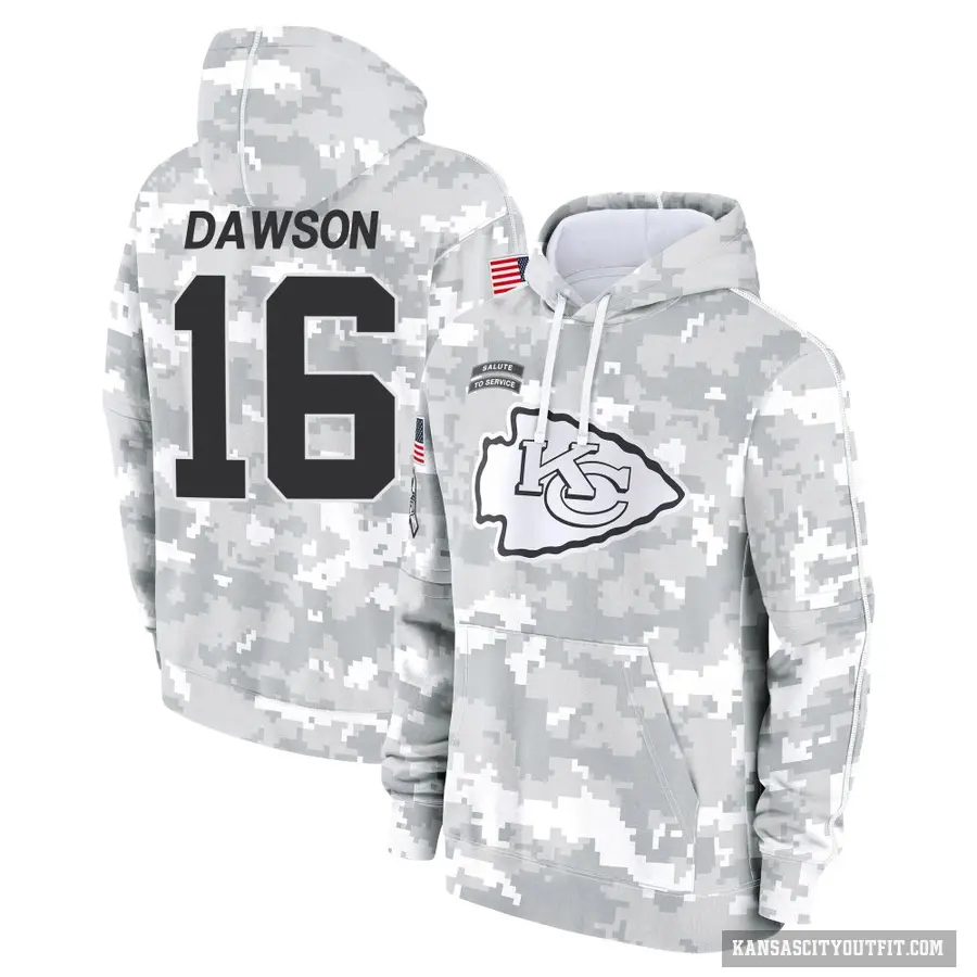 Youth ＃16 Len Dawson Kansas City Chiefs Arctic Camo 2024 Salute to Service Club Fleece Pullover Hoodie