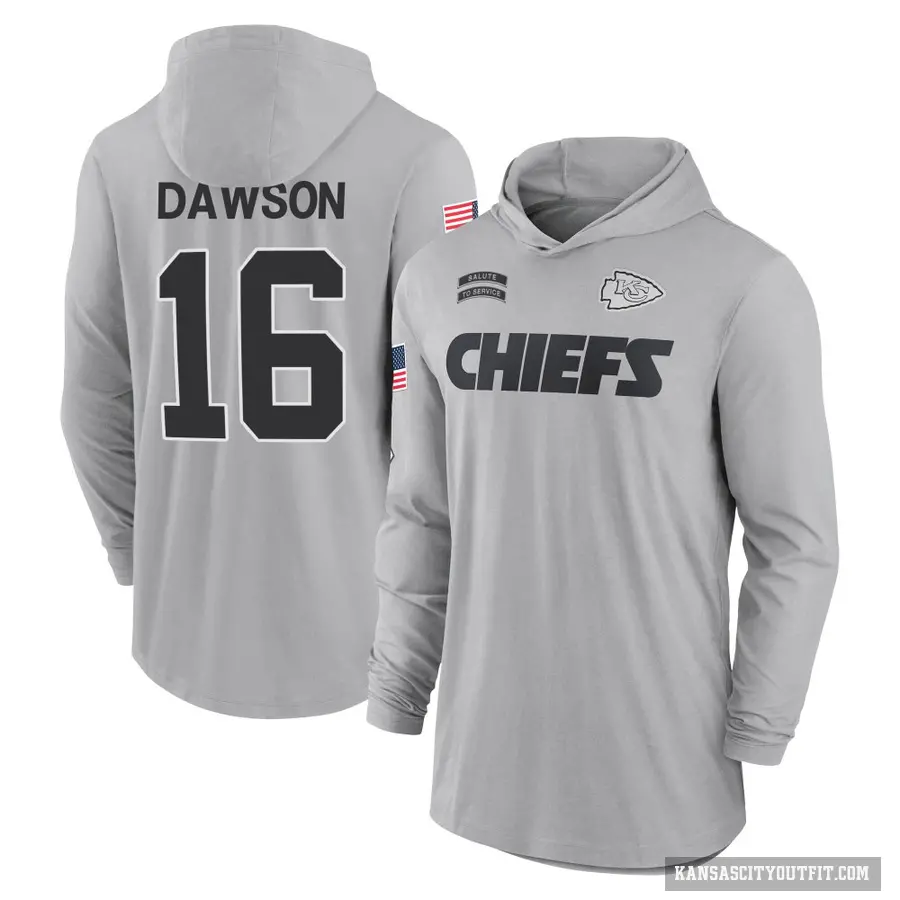 Youth ＃16 Len Dawson Kansas City Chiefs Gray 2024 Salute to Service Lightweight Performance Long Sleeve Hooded T-Shirt