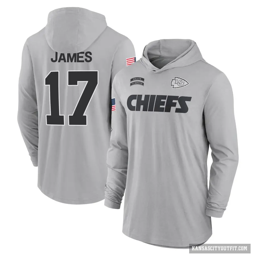 Youth ＃17 Richie James Kansas City Chiefs Gray 2024 Salute to Service Lightweight Performance Long Sleeve Hooded T-Shirt