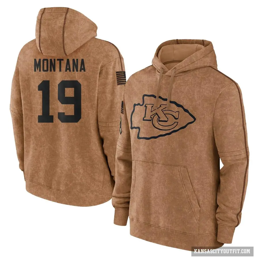 Youth ＃19 Joe Montana Kansas City Chiefs Brown 2023 Salute To Service Club Pullover Hoodie