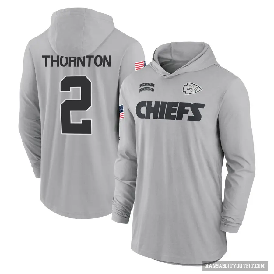 Youth ＃2 Tyquan Thornton Kansas City Chiefs Gray 2024 Salute to Service Lightweight Performance Long Sleeve Hooded T-Shirt