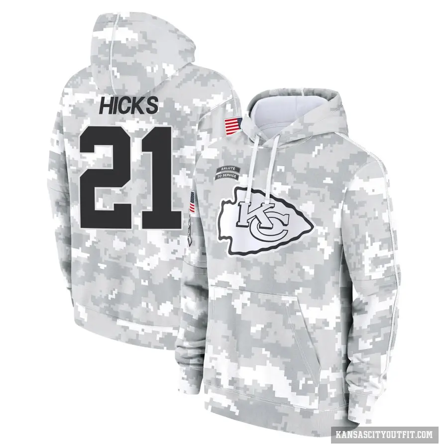 Youth ＃21 Jaden Hicks Kansas City Chiefs Arctic Camo 2024 Salute to Service Club Fleece Pullover Hoodie