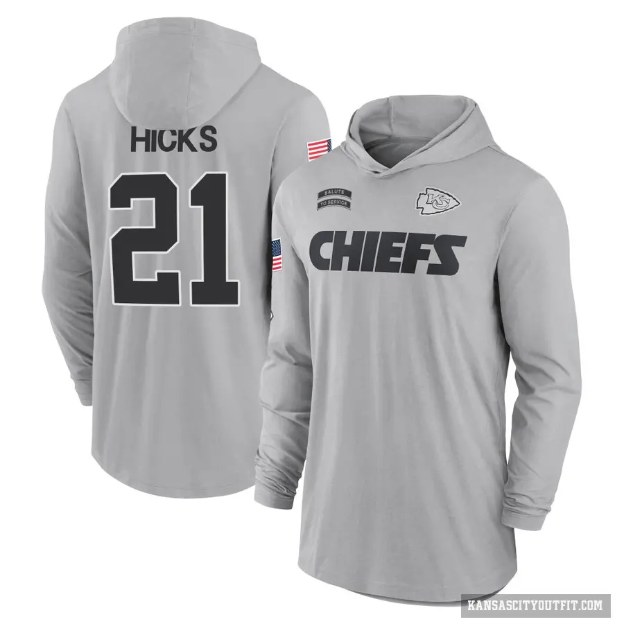 Youth ＃21 Jaden Hicks Kansas City Chiefs Gray 2024 Salute to Service Lightweight Performance Long Sleeve Hooded T-Shirt