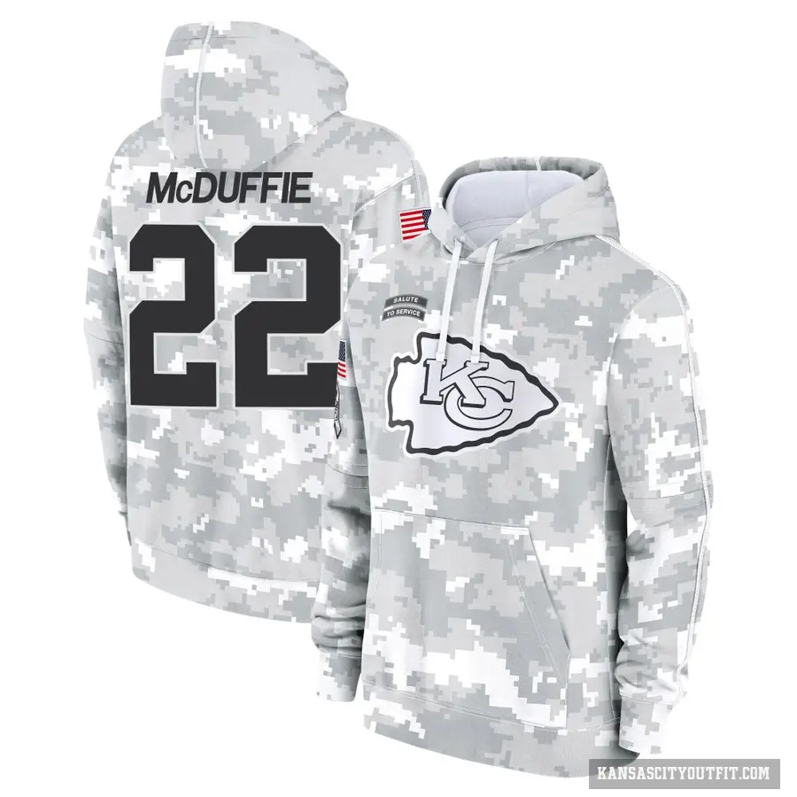 Youth ＃22 Trent McDuffie Kansas City Chiefs Arctic Camo 2024 Salute to Service Club Fleece Pullover Hoodie