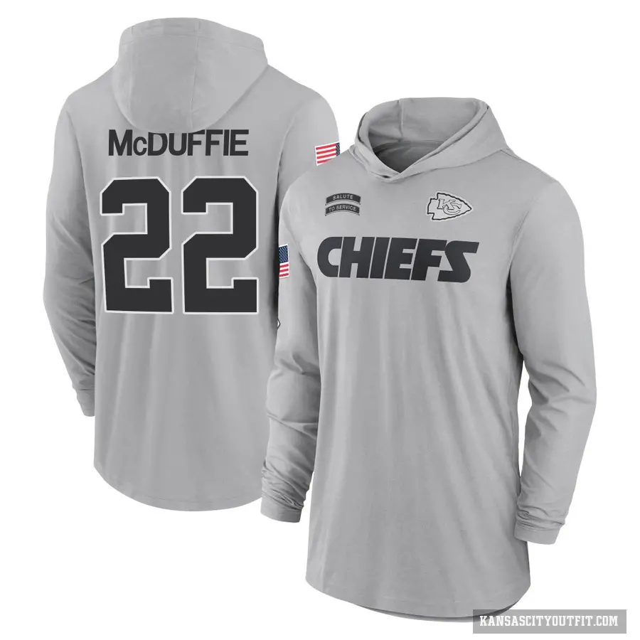 Youth ＃22 Trent McDuffie Kansas City Chiefs Gray 2024 Salute to Service Lightweight Performance Long Sleeve Hooded T-Shirt