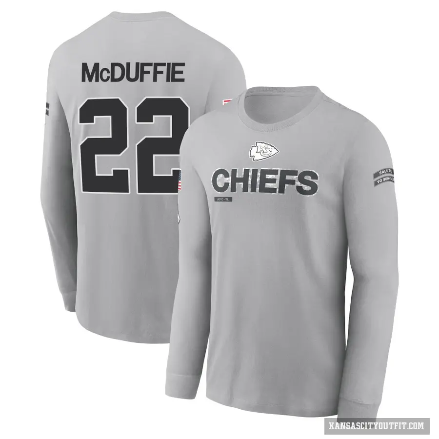 Youth ＃22 Trent McDuffie Kansas City Chiefs Gray 2024 Salute to Service Long Sleeve T-Shirt