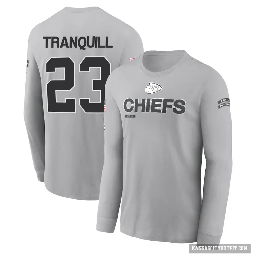 Youth ＃23 Drue Tranquill Kansas City Chiefs Gray 2024 Salute to Service Long Sleeve T-Shirt
