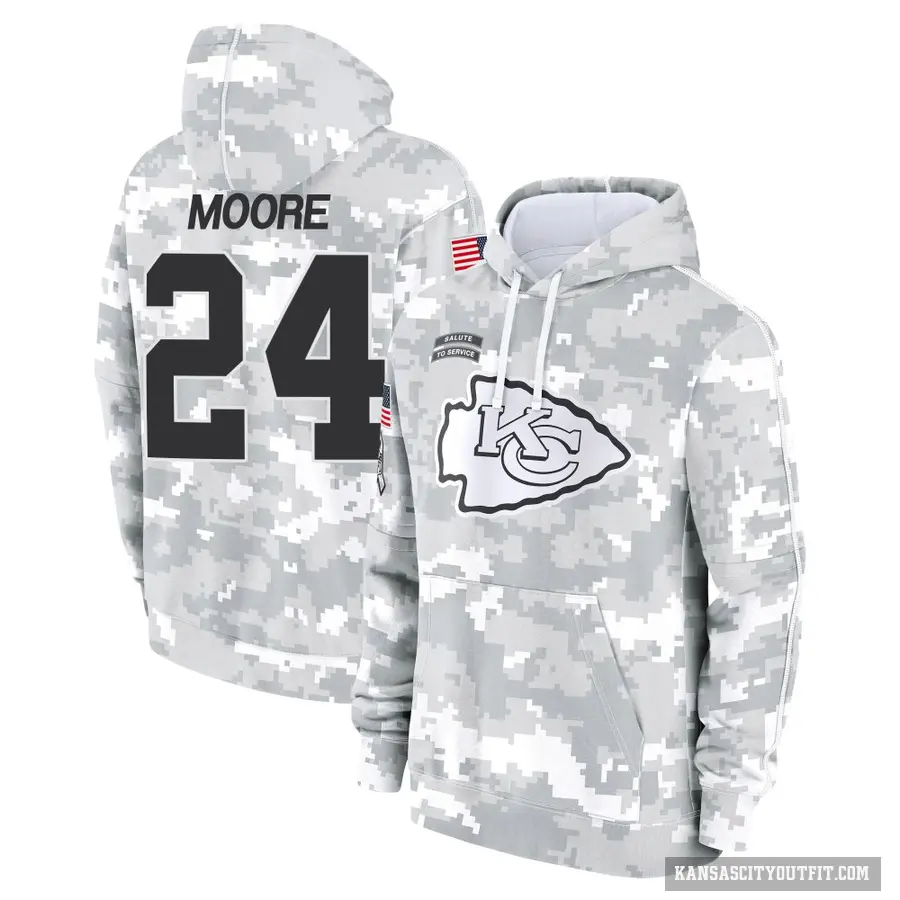 Youth ＃24 Skyy Moore Kansas City Chiefs Arctic Camo 2024 Salute to Service Club Fleece Pullover Hoodie