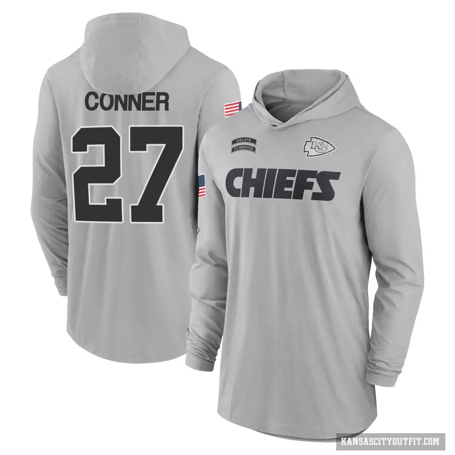 Youth ＃27 Chamarri Conner Kansas City Chiefs Gray 2024 Salute to Service Lightweight Performance Long Sleeve Hooded T-Shirt