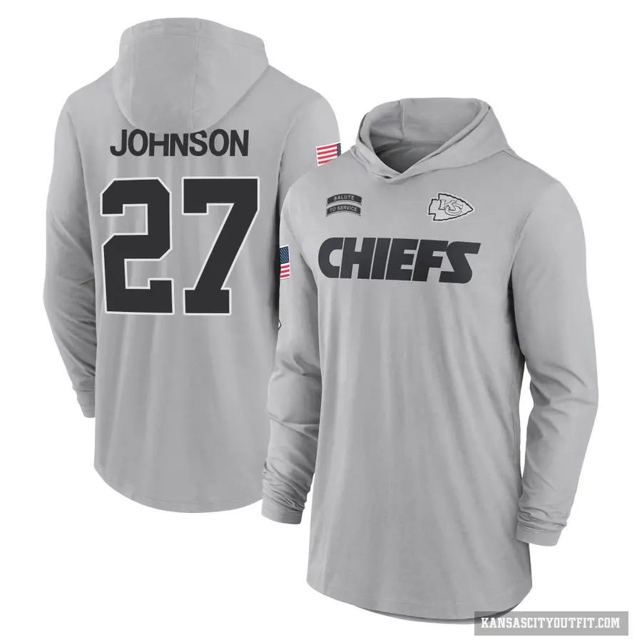 Youth ＃27 Larry Johnson Kansas City Chiefs Gray 2024 Salute to Service Lightweight Performance Long Sleeve Hooded T-Shirt