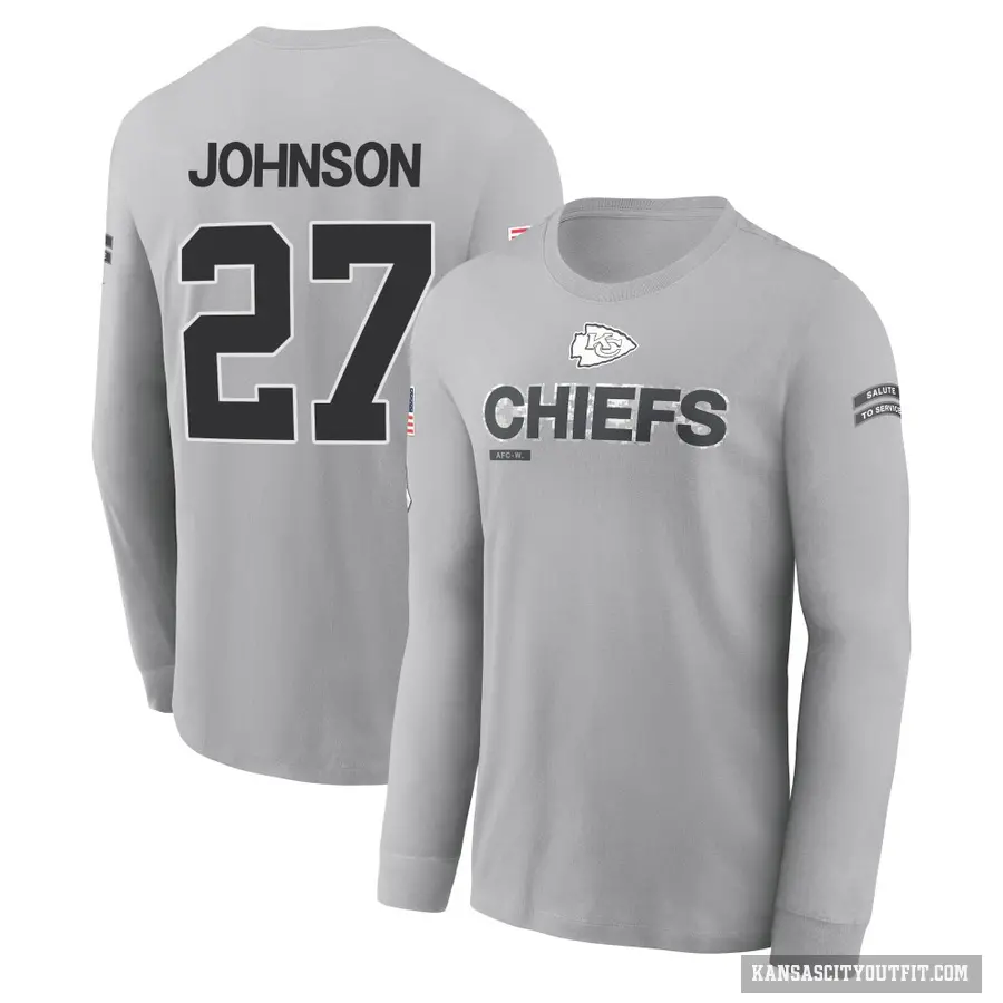 Youth ＃27 Larry Johnson Kansas City Chiefs Gray 2024 Salute to Service Long Sleeve T-Shirt