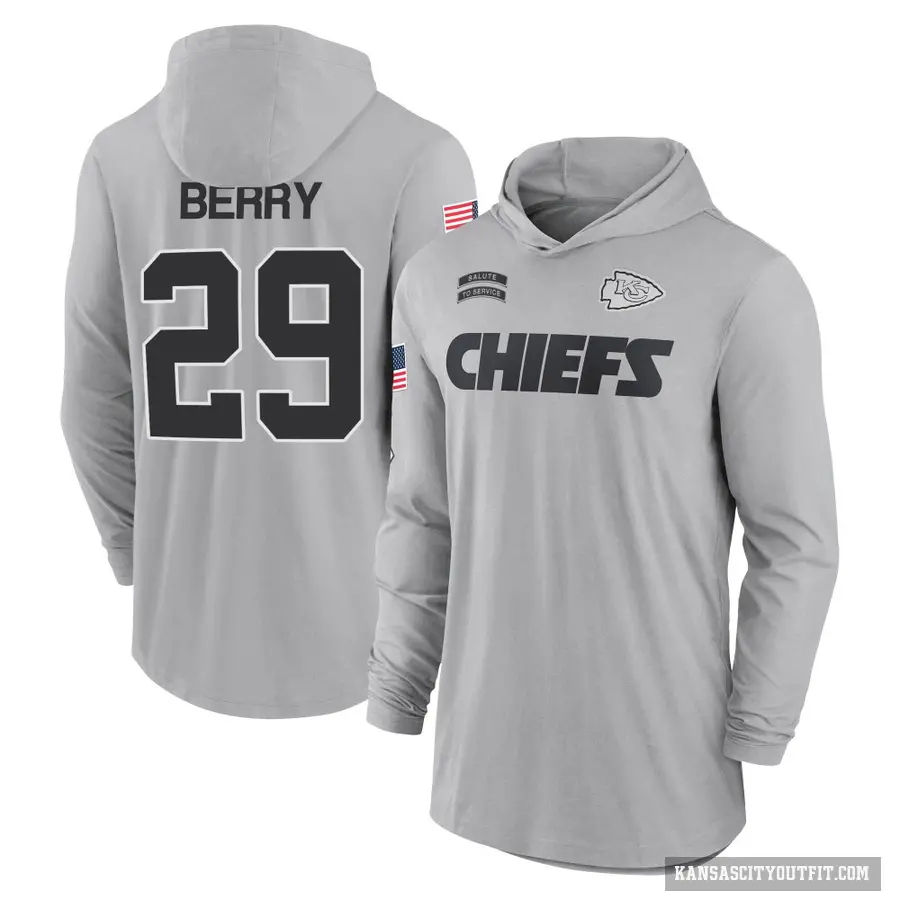 Youth ＃29 Eric Berry Kansas City Chiefs Gray 2024 Salute to Service Lightweight Performance Long Sleeve Hooded T-Shirt