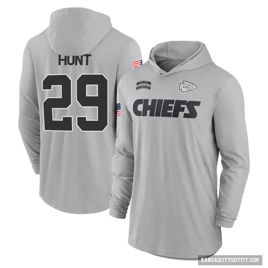 Youth ＃29 Kareem Hunt Kansas City Chiefs Gray 2024 Salute to Service Lightweight Performance Long Sleeve Hooded T-Shirt