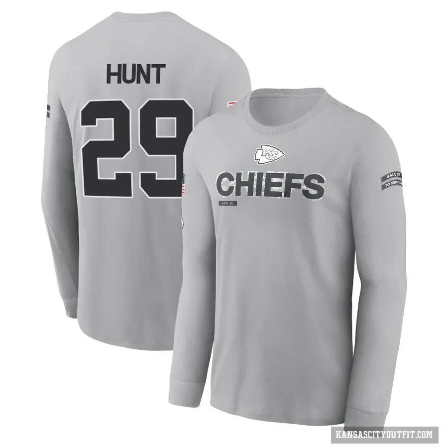 Youth ＃29 Kareem Hunt Kansas City Chiefs Gray 2024 Salute to Service Long Sleeve T-Shirt