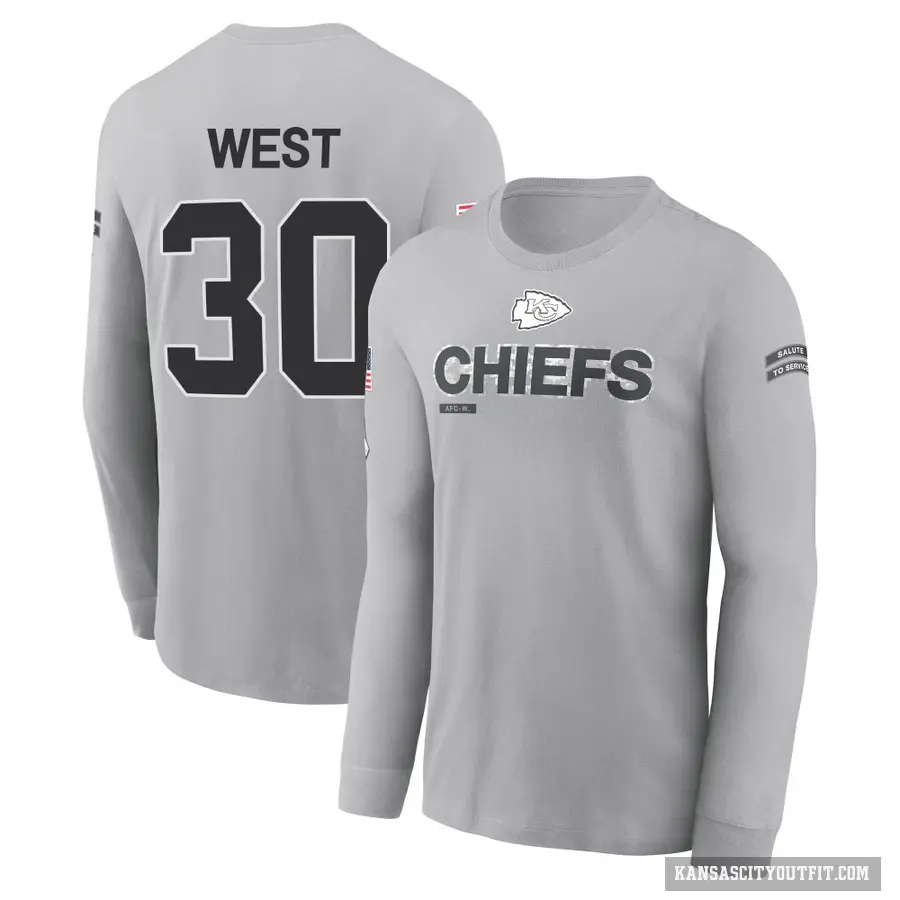 Youth ＃30 Charcandrick West Kansas City Chiefs Gray 2024 Salute to Service Long Sleeve T-Shirt