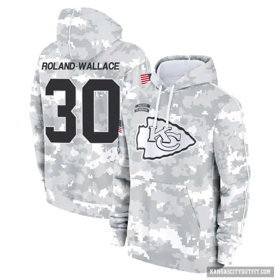 Youth ＃30 Christian Roland-Wallace Kansas City Chiefs Arctic Camo 2024 Salute to Service Club Fleece Pullover Hoodie