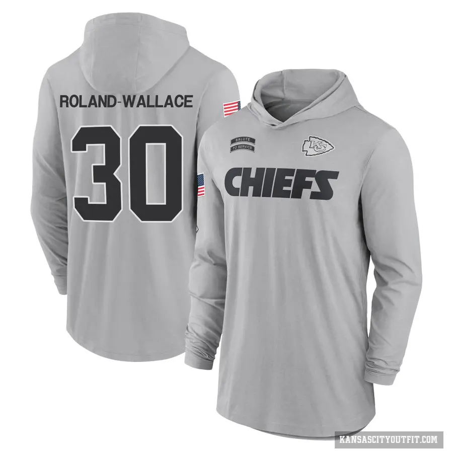 Youth ＃30 Christian Roland-Wallace Kansas City Chiefs Gray 2024 Salute to Service Lightweight Performance Long Sleeve Hooded T-S