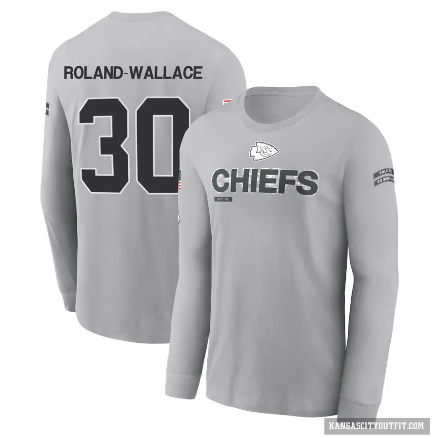Youth ＃30 Christian Roland-Wallace Kansas City Chiefs Gray 2024 Salute to Service Long Sleeve T-Shirt