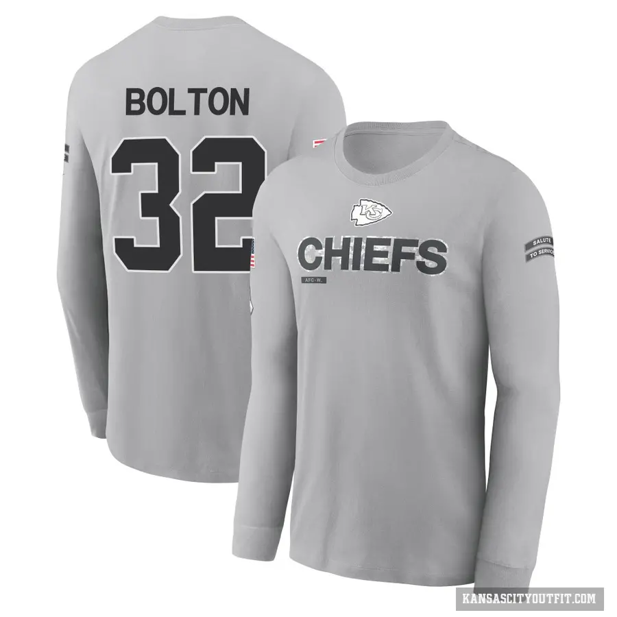 Youth ＃32 Nick Bolton Kansas City Chiefs Gray 2024 Salute to Service Long Sleeve T-Shirt
