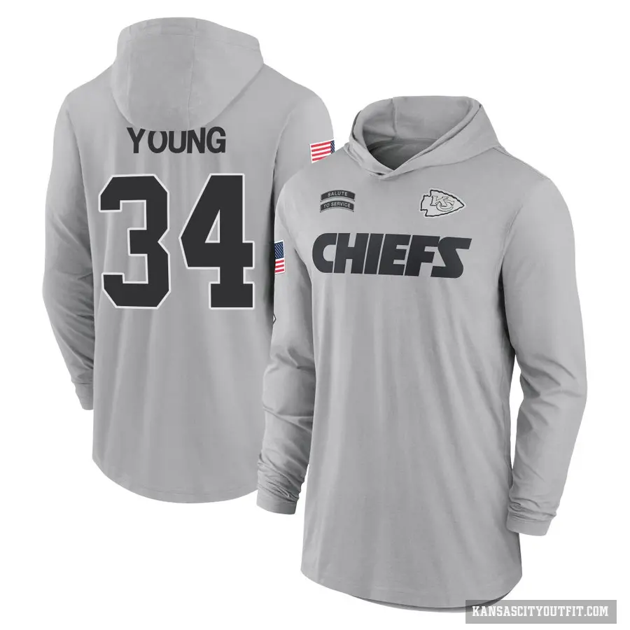 Youth ＃34 Elijah Young Kansas City Chiefs Gray 2024 Salute to Service Lightweight Performance Long Sleeve Hooded T-Shirt