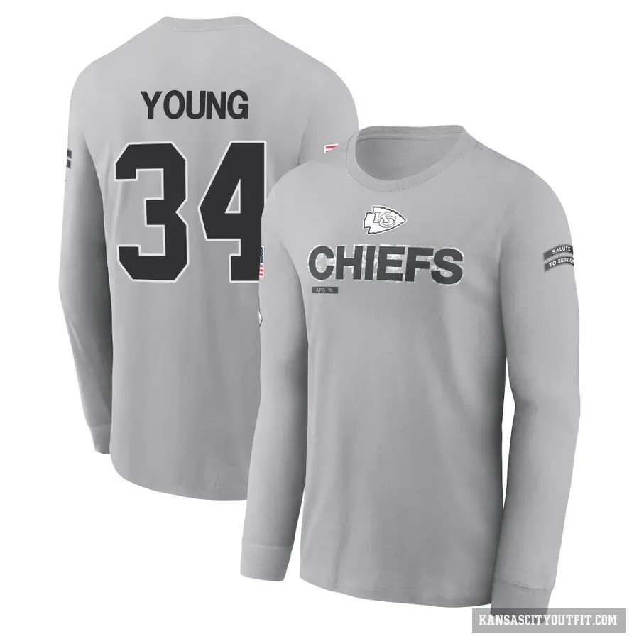 Youth ＃34 Elijah Young Kansas City Chiefs Gray 2024 Salute to Service Long Sleeve T-Shirt