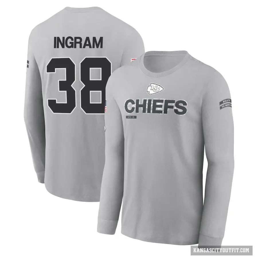 Youth ＃38 Keaontay Ingram Kansas City Chiefs Gray 2024 Salute to Service Long Sleeve T-Shirt