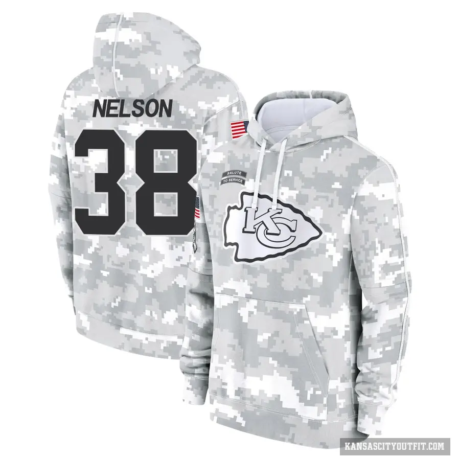 Youth ＃38 Steven Nelson Kansas City Chiefs Arctic Camo 2024 Salute to Service Club Fleece Pullover Hoodie