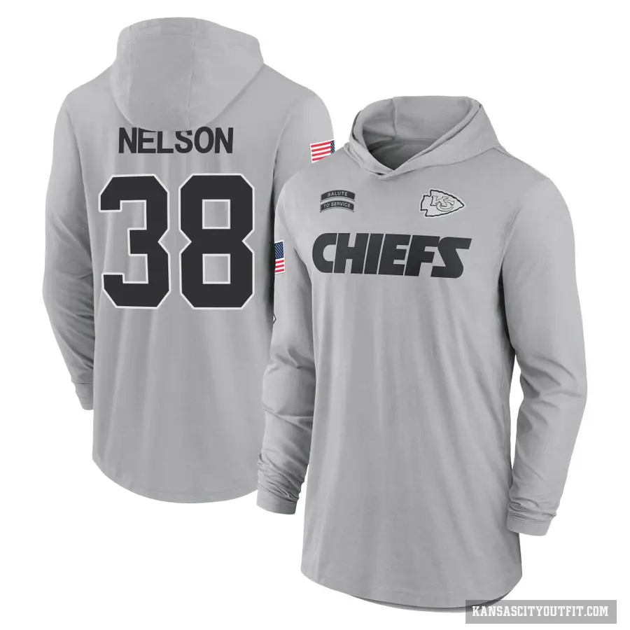 Youth ＃38 Steven Nelson Kansas City Chiefs Gray 2024 Salute to Service Lightweight Performance Long Sleeve Hooded T-Shirt