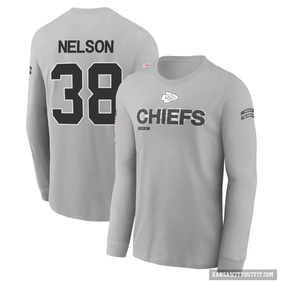Youth ＃38 Steven Nelson Kansas City Chiefs Gray 2024 Salute to Service Long Sleeve T-Shirt