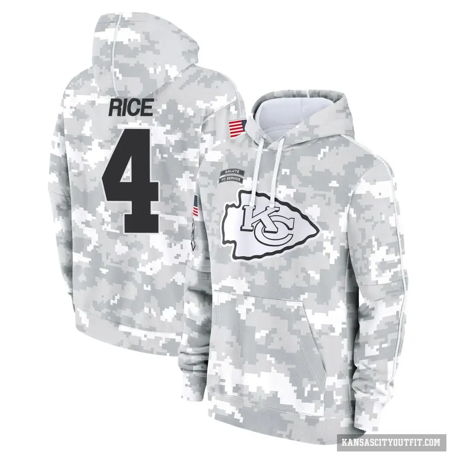Youth ＃4 Rashee Rice Kansas City Chiefs Arctic Camo 2024 Salute to Service Club Fleece Pullover Hoodie