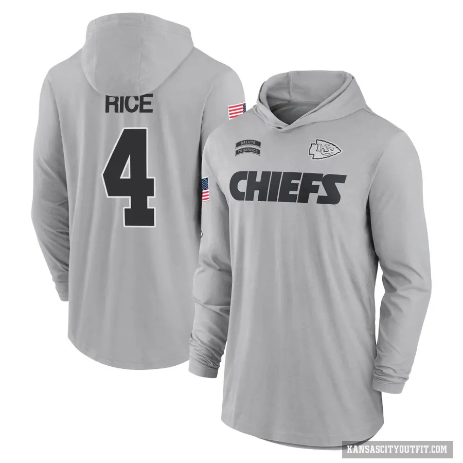 Youth ＃4 Rashee Rice Kansas City Chiefs Gray 2024 Salute to Service Lightweight Performance Long Sleeve Hooded T-Shirt