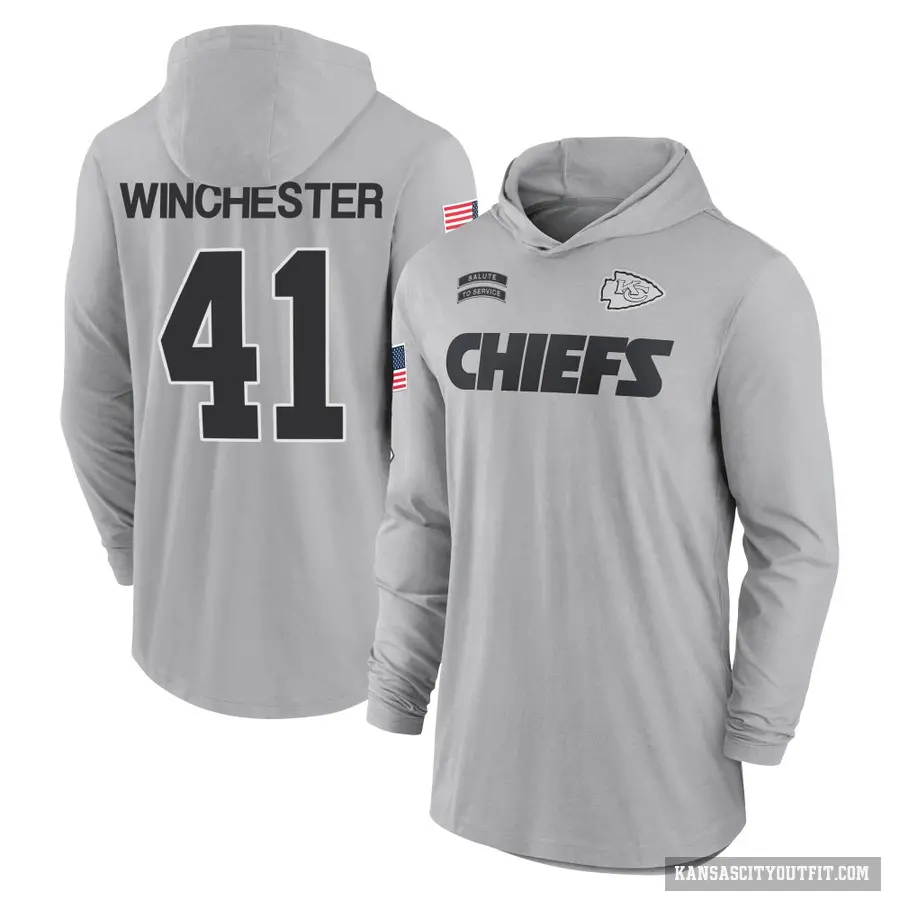 Youth ＃41 James Winchester Kansas City Chiefs Gray 2024 Salute to Service Lightweight Performance Long Sleeve Hooded T-Shirt