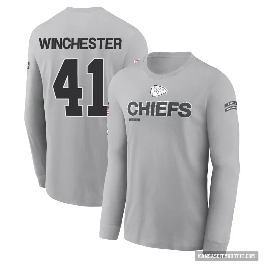 Youth ＃41 James Winchester Kansas City Chiefs Gray 2024 Salute to Service Long Sleeve T-Shirt