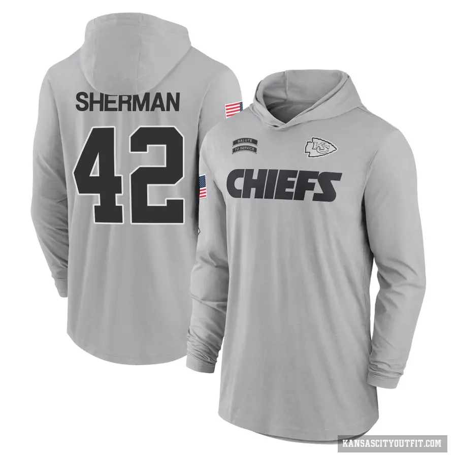 Youth ＃42 Anthony Sherman Kansas City Chiefs Gray 2024 Salute to Service Lightweight Performance Long Sleeve Hooded T-Shirt