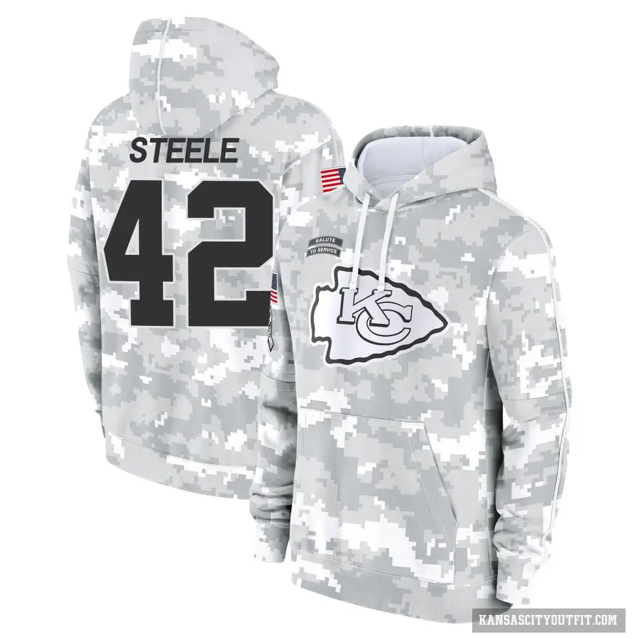 Youth ＃42 Carson Steele Kansas City Chiefs Arctic Camo 2024 Salute to Service Club Fleece Pullover Hoodie