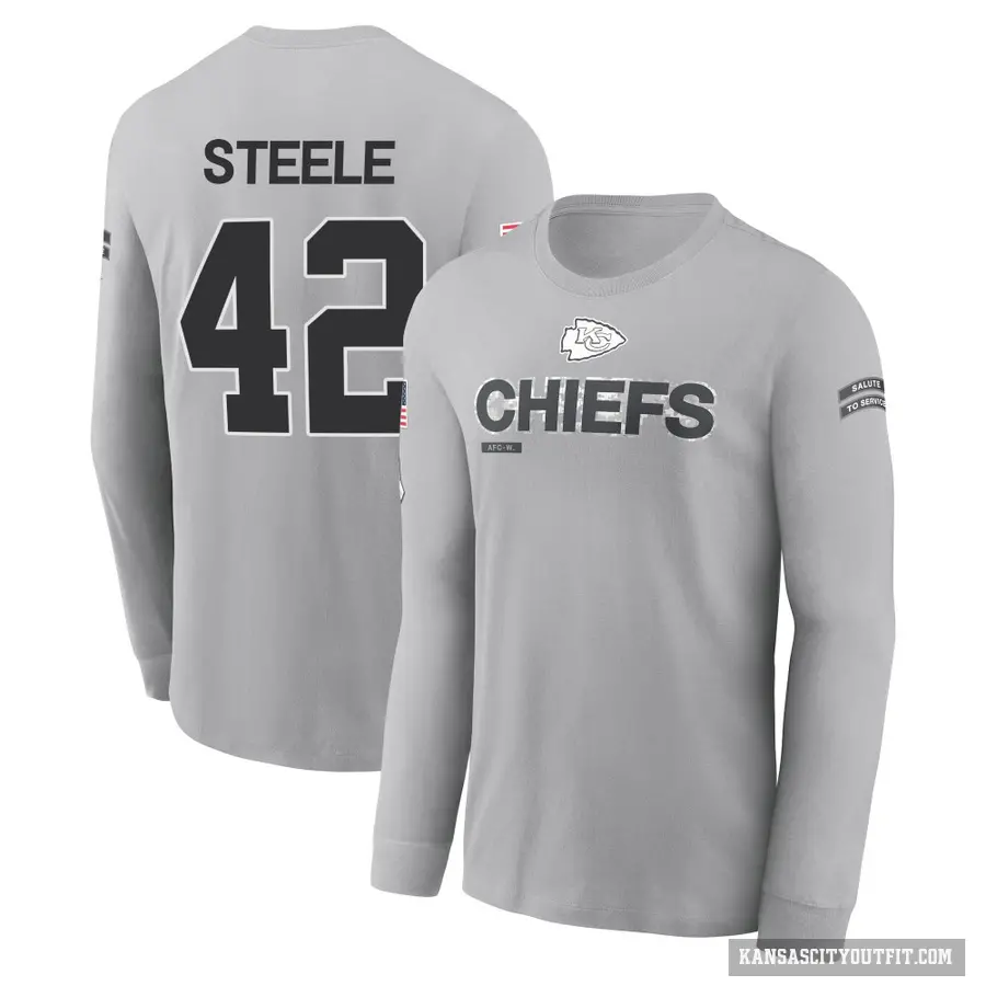Youth ＃42 Carson Steele Kansas City Chiefs Gray 2024 Salute to Service Long Sleeve T-Shirt