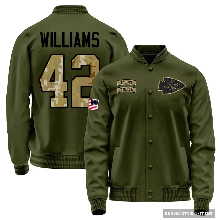 Youth ＃42 Major Williams Kansas City Chiefs Olive Salute to Service Sideline Performance Jacket