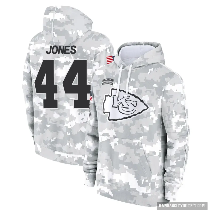 Youth ＃44 Cam Jones Kansas City Chiefs Arctic Camo 2024 Salute to Service Club Fleece Pullover Hoodie