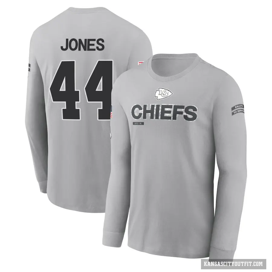 Youth ＃44 Cam Jones Kansas City Chiefs Gray 2024 Salute to Service Long Sleeve T-Shirt