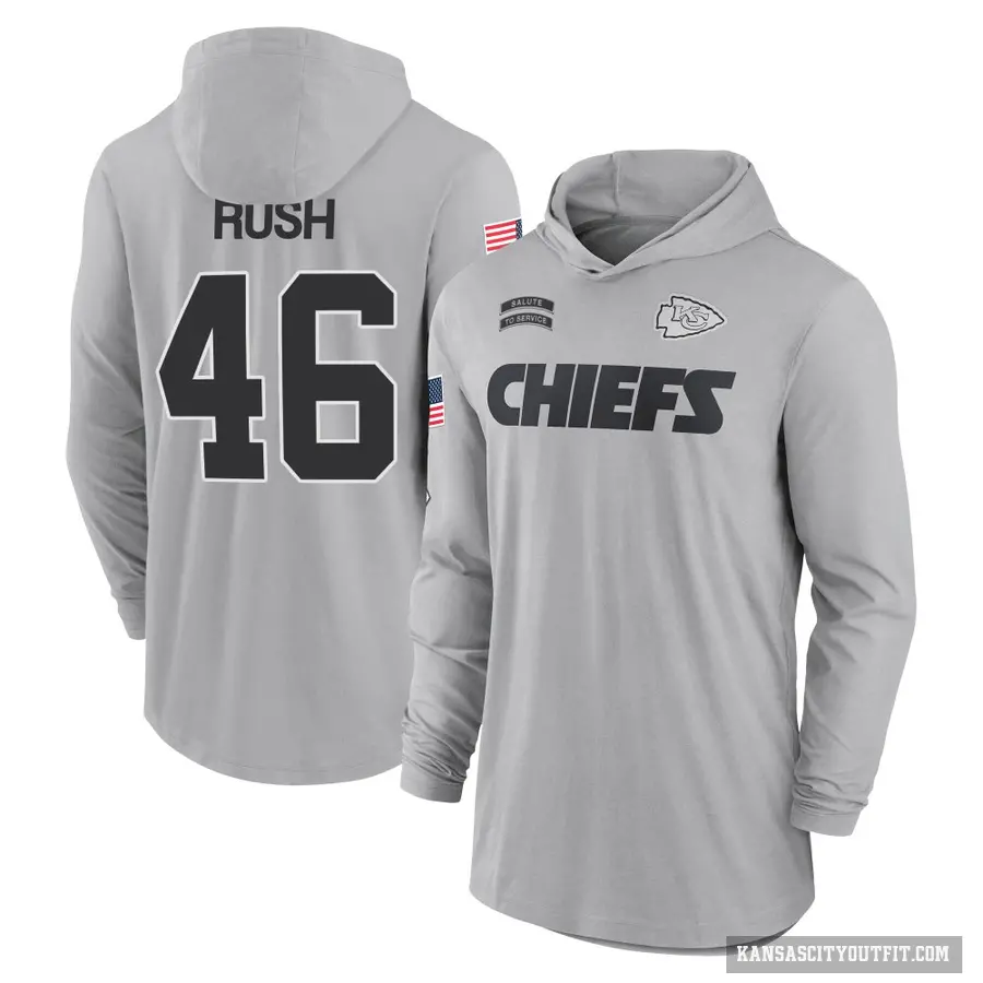 Youth ＃46 Darius Rush Kansas City Chiefs Gray 2024 Salute to Service Lightweight Performance Long Sleeve Hooded T-Shirt