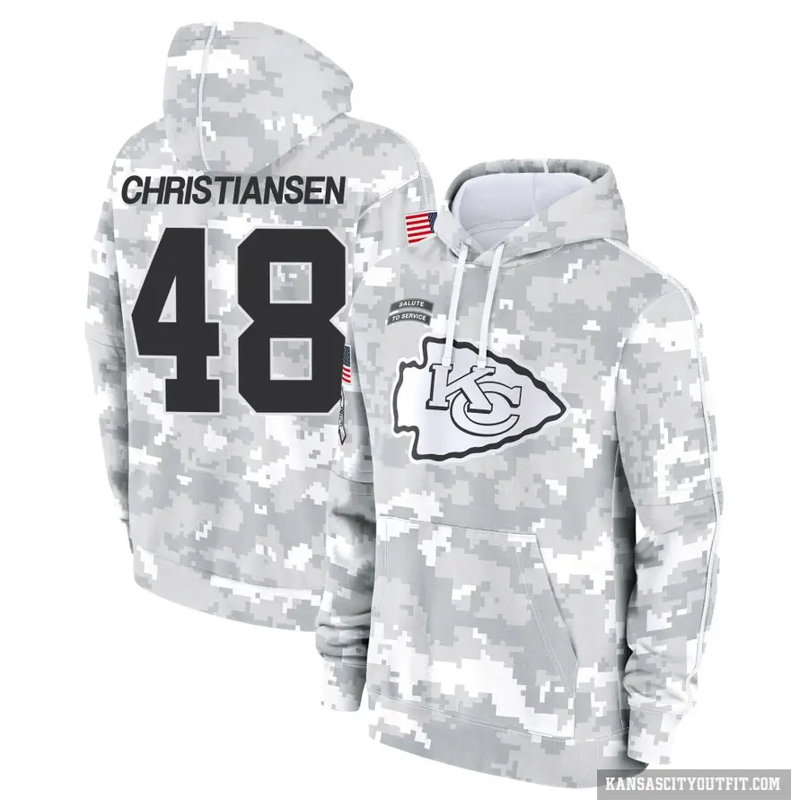 Youth ＃48 Cole Christiansen Kansas City Chiefs Arctic Camo 2024 Salute to Service Club Fleece Pullover Hoodie