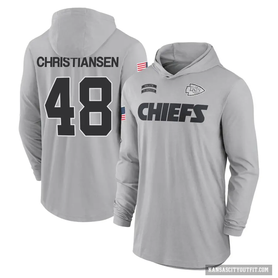 Youth ＃48 Cole Christiansen Kansas City Chiefs Gray 2024 Salute to Service Lightweight Performance Long Sleeve Hooded T-Shirt