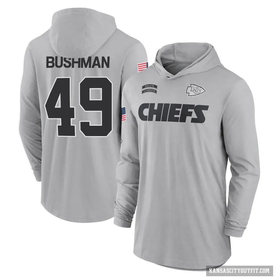 Youth ＃49 Matt Bushman Kansas City Chiefs Gray 2024 Salute to Service Lightweight Performance Long Sleeve Hooded T-Shirt