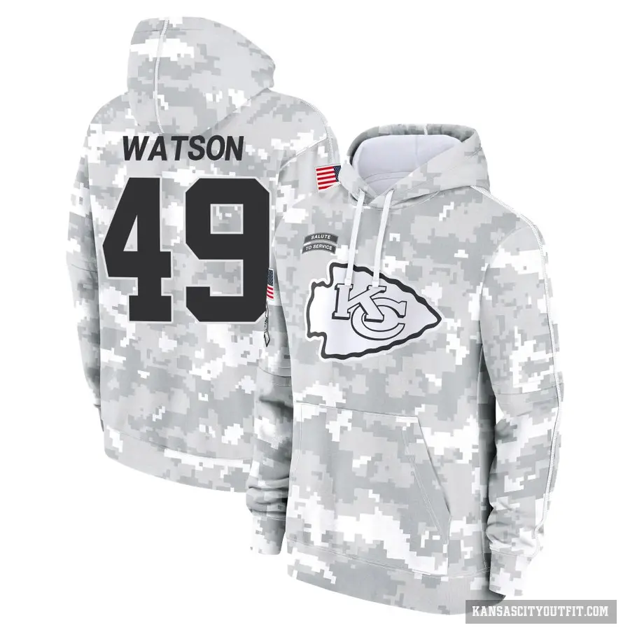Youth ＃49 Tre Watson Kansas City Chiefs Arctic Camo 2024 Salute to Service Club Fleece Pullover Hoodie