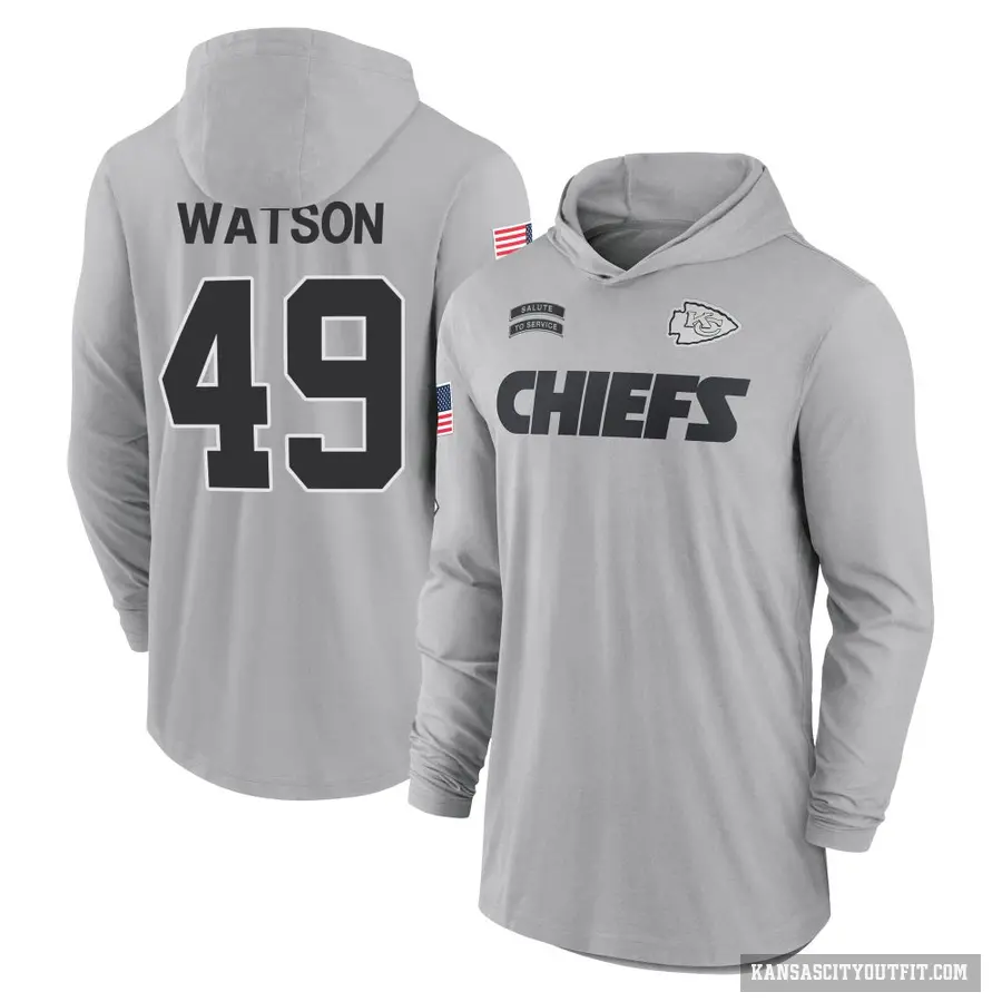 Youth ＃49 Tre Watson Kansas City Chiefs Gray 2024 Salute to Service Lightweight Performance Long Sleeve Hooded T-Shirt
